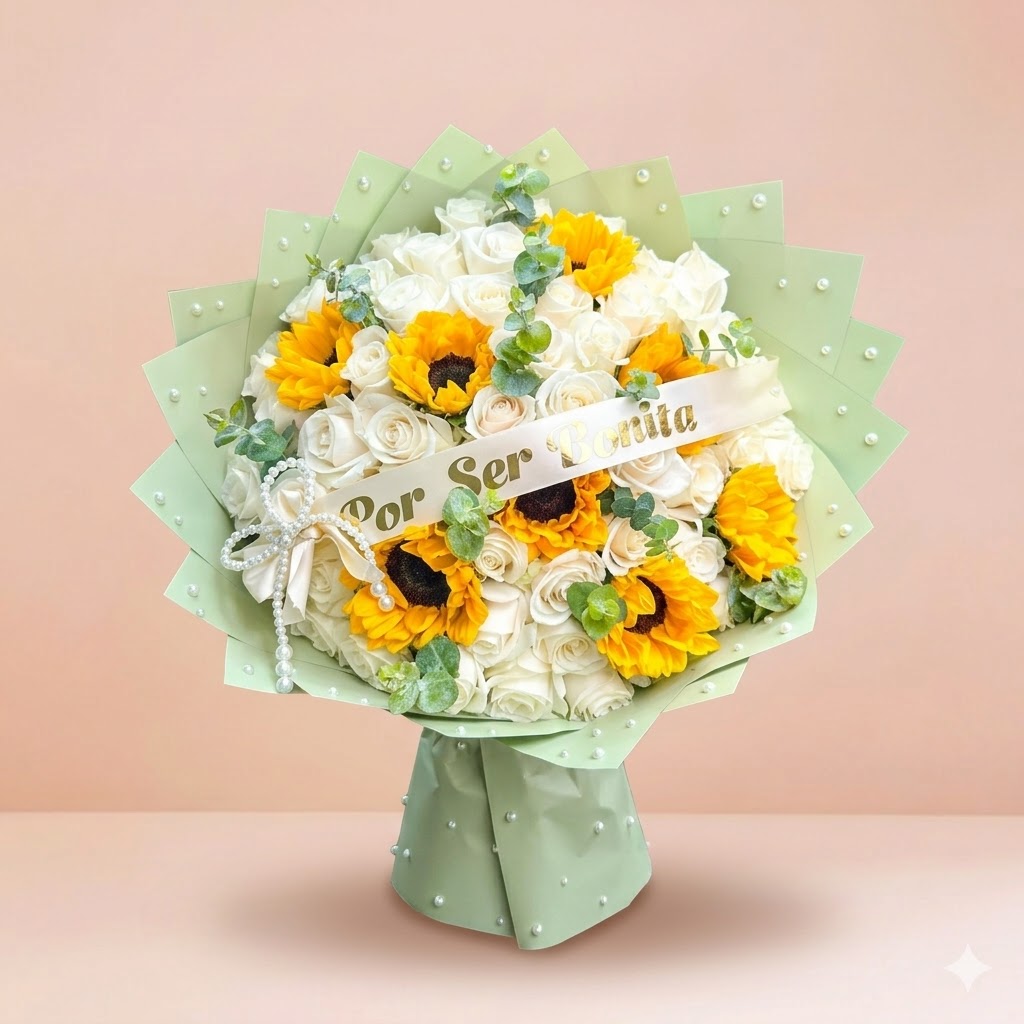 Ramo PREMIUM Buchon 50 rosas + 8 girasoles + eucaliptos + cinta con mensaje