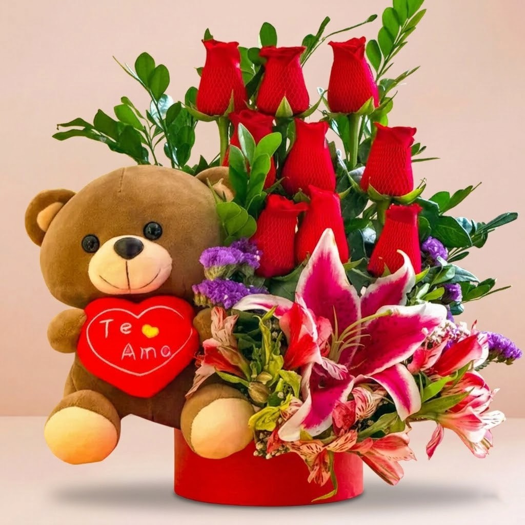 9 Rosas + lirio + Peluche y caja