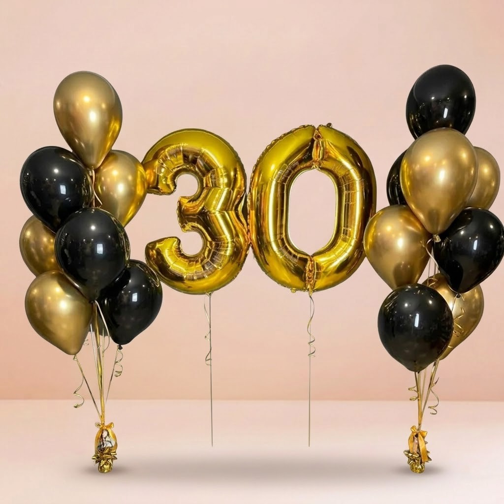 2 números metálicos HELIO 55cm + 2 Bouquet de 6 globos c/u HELIO cromado y látex