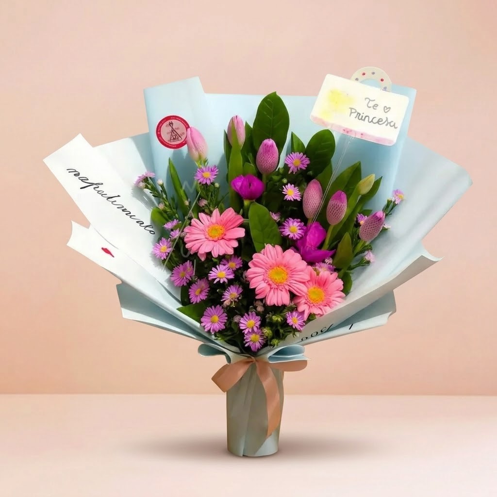 Arreglo 8 tulipanes + 3 gerveras o similar + flores secundarias (sin peluche)